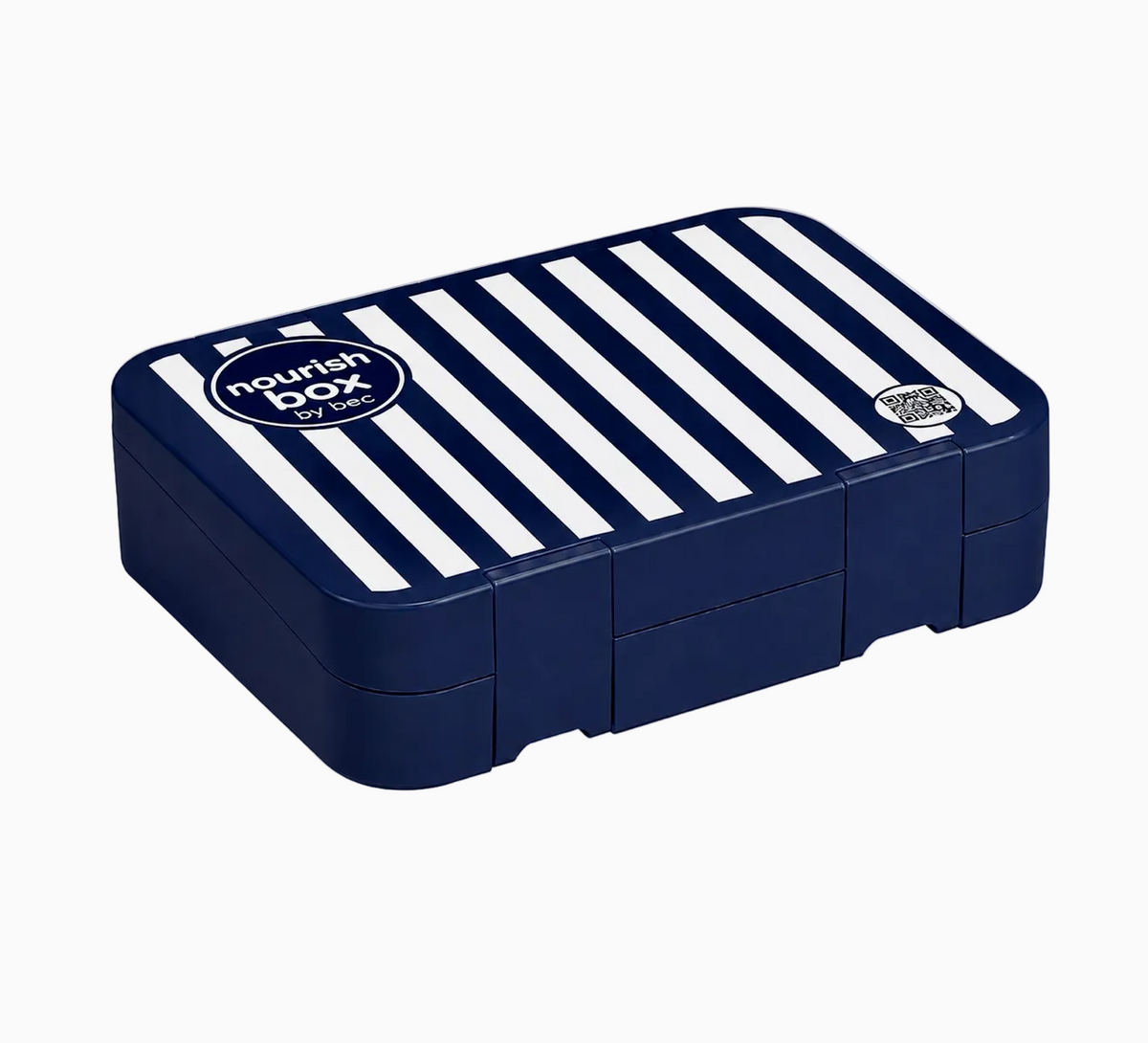 Navy blue and white striped lunch box with 'nourish box' branding on a light gray background