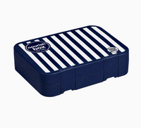 Navy blue and white striped lunch box with 'nourish box' branding on a light gray background